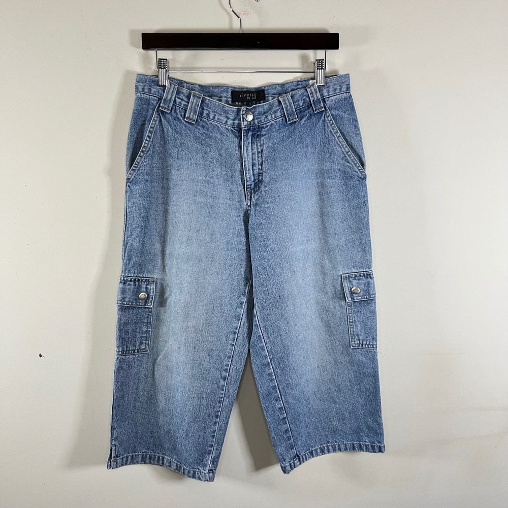 Vintage Y2K Denim Capris Lowrise Wide Leg Cargo Lightwash Streetwear Size 8